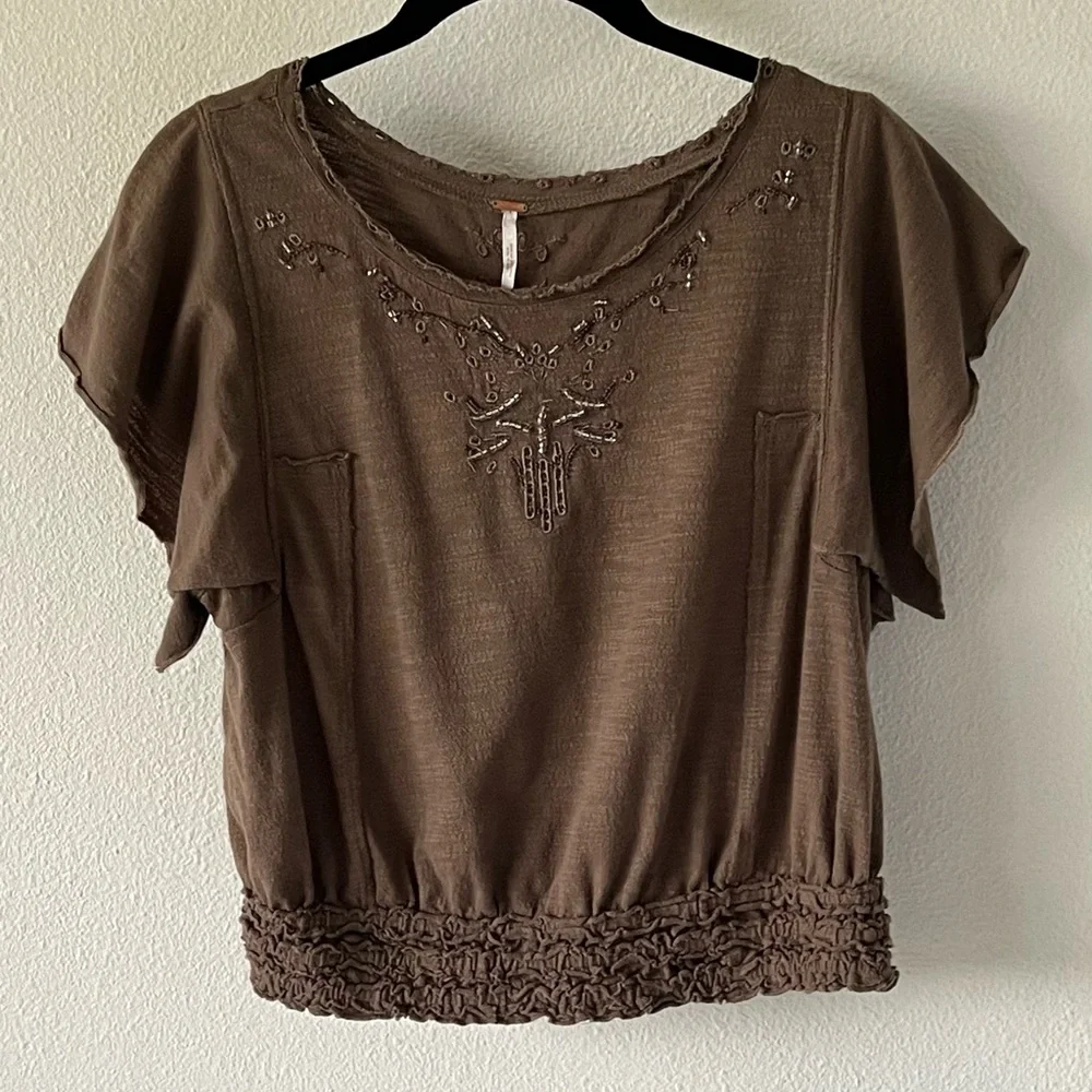 Free People Easy Does It Tee Brown Beaded Top Size Small - Picture 2 of 12